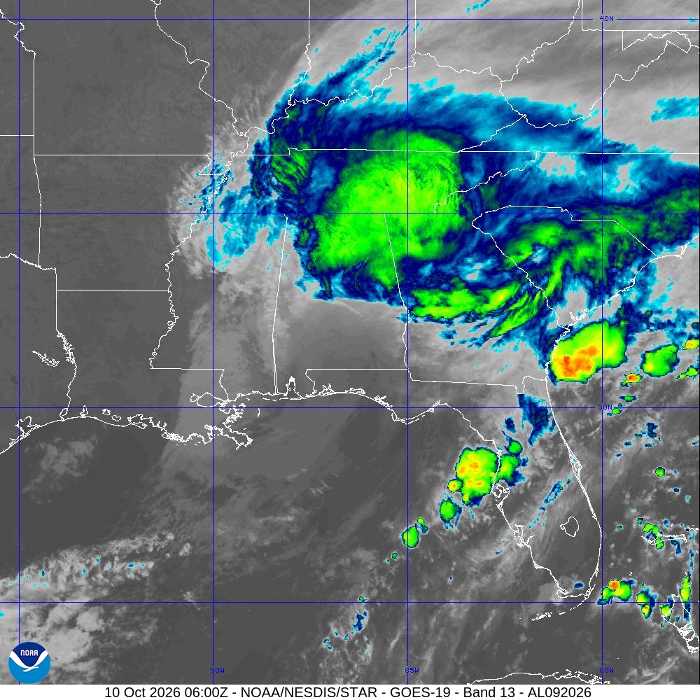 Image satellite infrarouge GOES-19 du système Isaias au-dessus du sud-est des États-Unis, le 10 octobre 2026 à 6 h UTC, couleurs de traitement scientifique